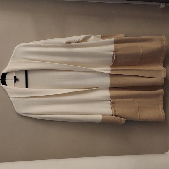 TALBOTS Shawl Collar Colorblock Cream and Tan Knit Open Cardigan/Duster - Picture 3 of 14